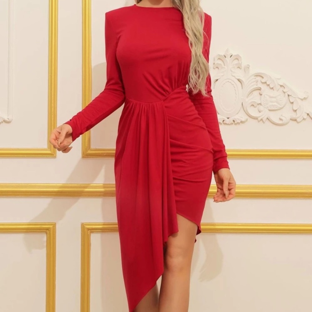 Red cinched holiday dress